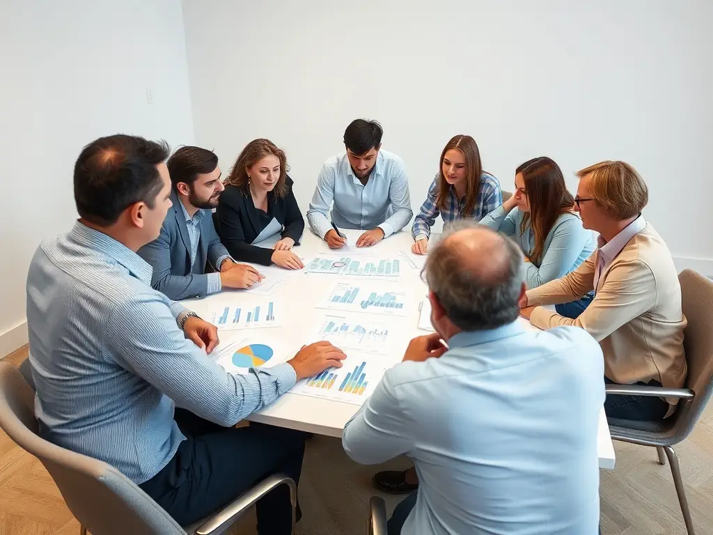 A team of professionals engaged in a strategic planning session around a table.