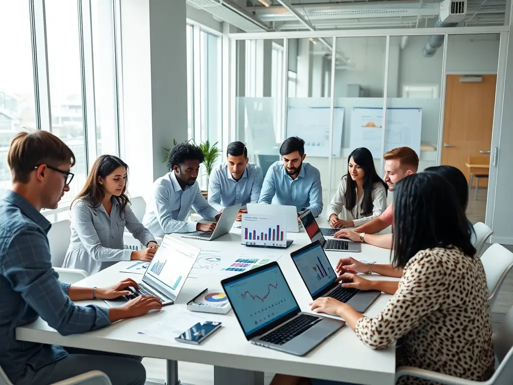 A global marketing team analyzing market trends in a modern office.